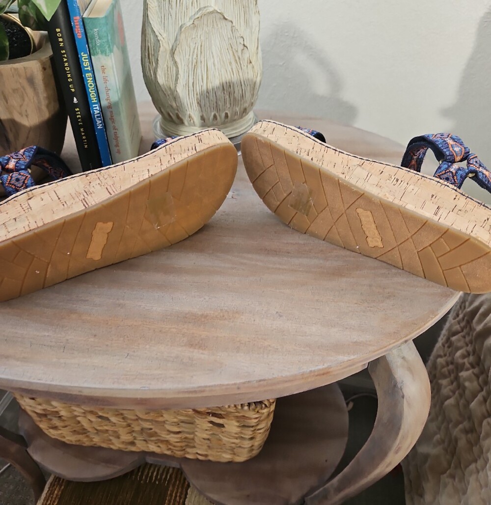 Born Womens Blue and Tan Patterned Cork Wedge Sandals - Picture 5 of 7
